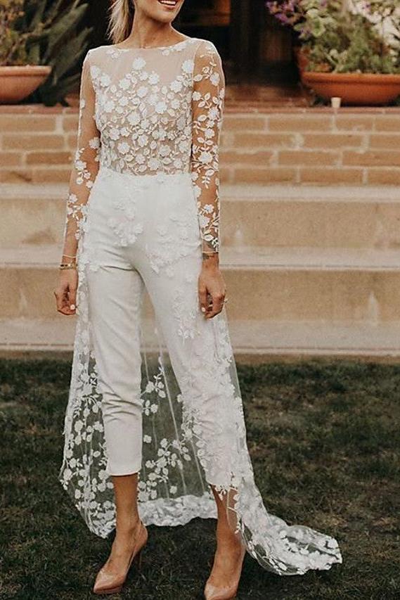 Sexy See-Through Jumpsuits A-Line Beach Wedding Dress Jewel Lace Satin Long Sleeves Modern Bridal Gowns with Sweep Train