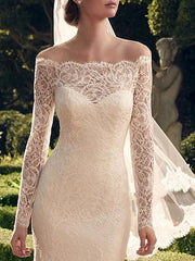Sexy See-Through Mermaid Beach Wedding Dress Off Shoulder Lace Long Sleeve Romantic Bridal Gowns Sweep Train