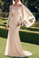 Sexy See-Through Mermaid Beach Wedding Dress Off Shoulder Lace Long Sleeve Romantic Bridal Gowns Sweep Train