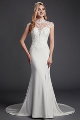 Sexy See-Through Mermaid Wedding Dress High-Neck Lace Satin Sleeveless Bridal Gowns Illusion Detail Backless with Court Train