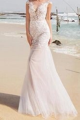 Sexy See-Through Mermaid Wedding Dress Jewel Lace Tulle Sleeveless Bridal Gowns with Sweep Train
