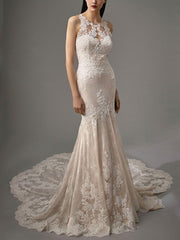 Sexy Sheath Beach Wedding Dress Jewel Lace Sleeveless Bridal Gowns in Color with Chapel Train
