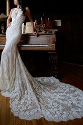 Sexy Sheath Beach Wedding Dress Jewel Lace Sleeveless Bridal Gowns in Color with Chapel Train