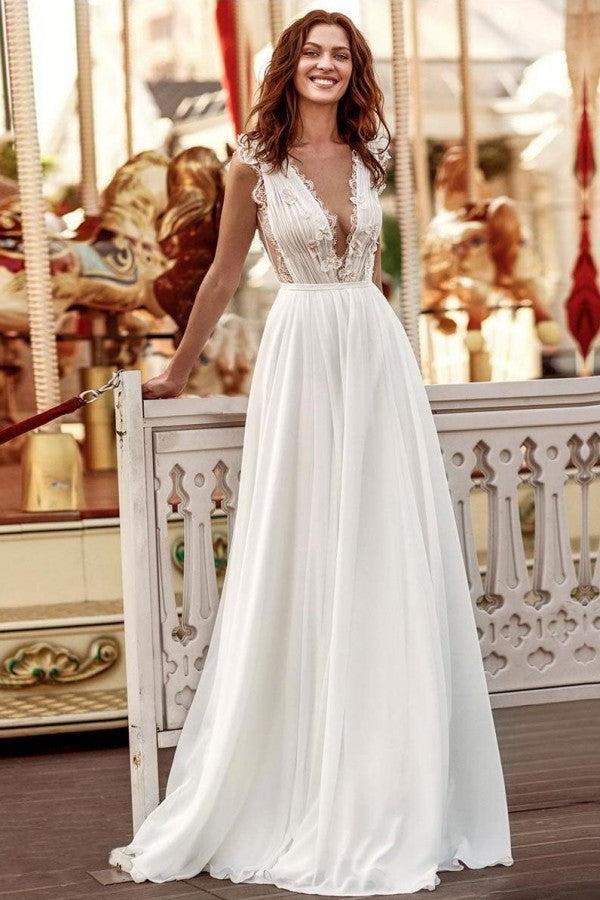 Sexy Sleeveless Deep V Neck Ruffles Satin Ivory Beach Wedding Dresses