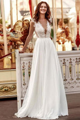 Sexy Sleeveless Deep V Neck Ruffles Satin Ivory Beach Wedding Dresses