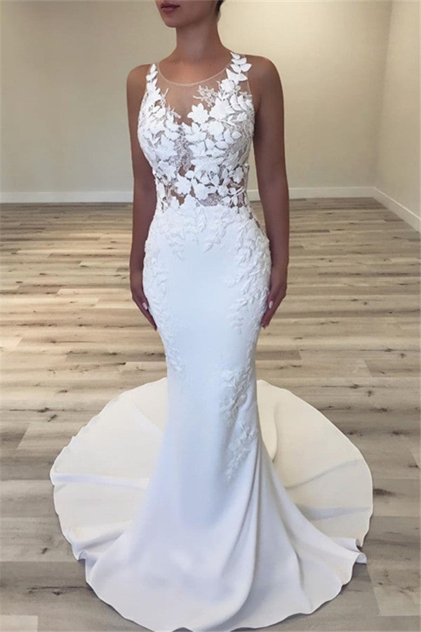 Sexy Sleeveless Mermaid Beach Wedding Dresses | Scoop Flowers Bridal Gowns with Buttons