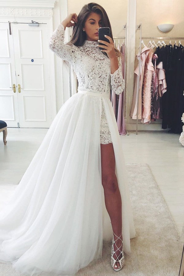 Sexy Slit Lace Short Wedding Dresses with Sleeves | High Neck Tulle Overskirt Bridal Gowns