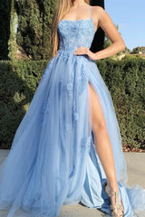 Sexy Spaghetti Straps Blue Lace Homecoming Dress Split