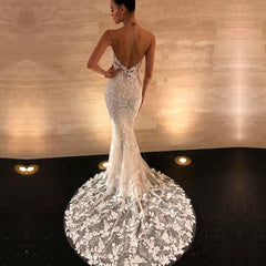 Sexy Spaghetti-Straps Lace Appliques Beach Wedding Dress Mermaid Bridal Gowns