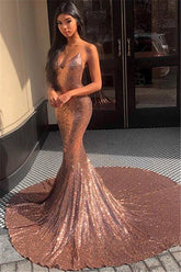 Sexy Spaghetti-Straps Sequins Mermaid Prom Dresses | Sleeveless V-Neck Prom Gown