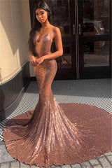 Sexy Spaghetti-Straps Sequins Mermaid Prom Dresses | Sleeveless V-Neck Prom Gown