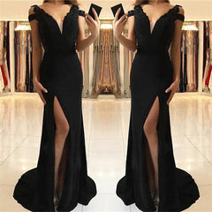 Sexy Split Black Formal Evening Dresses | V-neck Sheath Sexy Prom Dresses Online