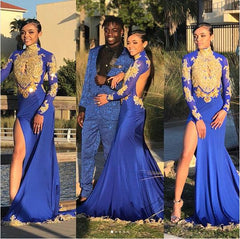 Sexy Split Open Back Gold Lace Prom Dress Long Sleeves Evening Dress