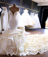 Sexy Strapless Mermaid Ivory Wedding Dresses | Tiered Ruffles Satin Bridal Gowns with Cathedral Train
