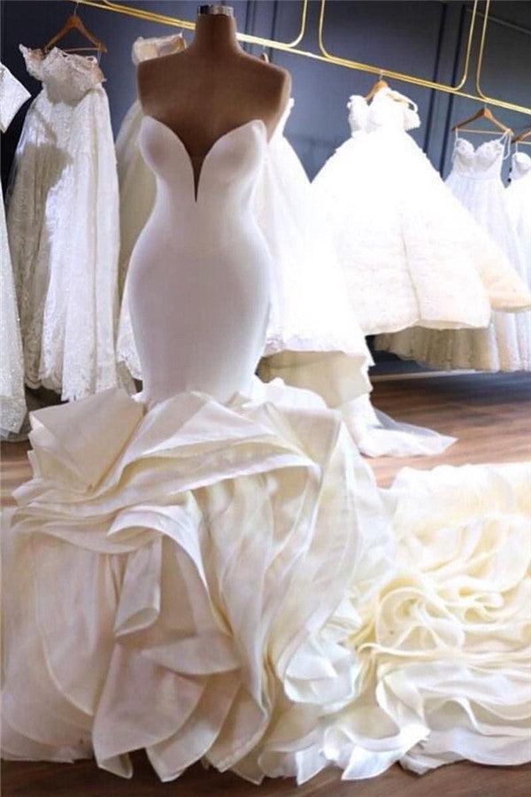 Sexy Strapless Mermaid Ivory Wedding Dresses | Tiered Ruffles Satin Bridal Gowns with Cathedral Train
