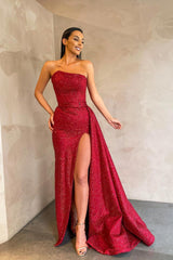 Sexy Strapless Red Sequins Prom Dress Long