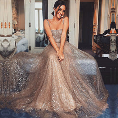 Sexy Straps Champagne Gold Sequins Evening Dresses | Sleeveless Sparkly Prom Dresses
