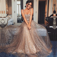 Sexy Straps Champagne Gold Sequins Evening Dresses | Sleeveless Sparkly Prom Dresses