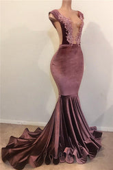 Sexy Straps Velvet Prom Dresses | Mermaid Open Front Appliques Evening Gowns BC1516