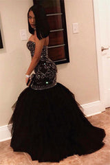 Sexy Sweetheart Beads Prom Dresses Mermaid Black Sequins Evening Gown