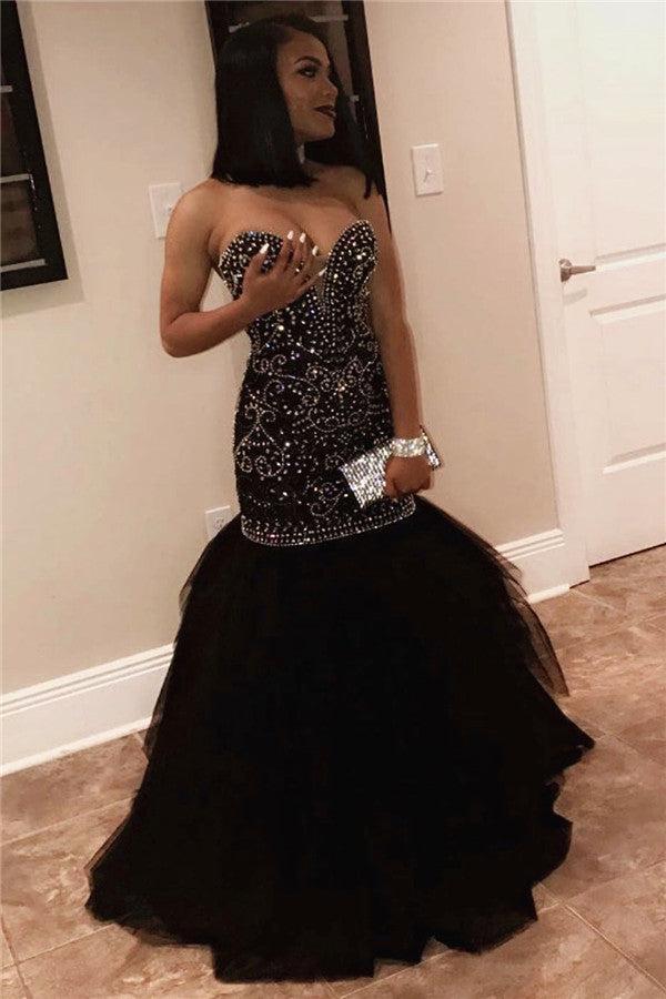 Sexy Sweetheart Beads Prom Dresses Mermaid Black Sequins Evening Gown