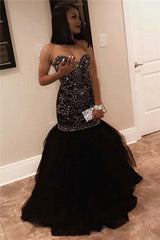Sexy Sweetheart Beads Prom Dresses Mermaid Black Sequins Evening Gown