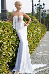 Sexy Sweetheart Pearls Mermaid Beach Wedding Dresses Chiffon Sweep Train Bridal Gowns