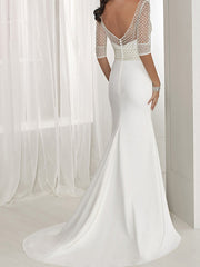 Sexy Two Piece A-Line Beach Wedding Dresses Jewel Lace Tulle Half Sleeve Bridal Gowns See-Through Backless Sweep Train