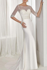 Sexy Two Piece A-Line Beach Wedding Dresses Jewel Lace Tulle Half Sleeve Bridal Gowns See-Through Backless Sweep Train