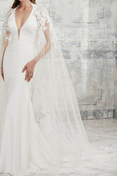 Sexy Two Piece Mermaid Beach Wedding Dress V-neck Lace Satin Short Sleeve Simple Bridal Gowns with Court Train