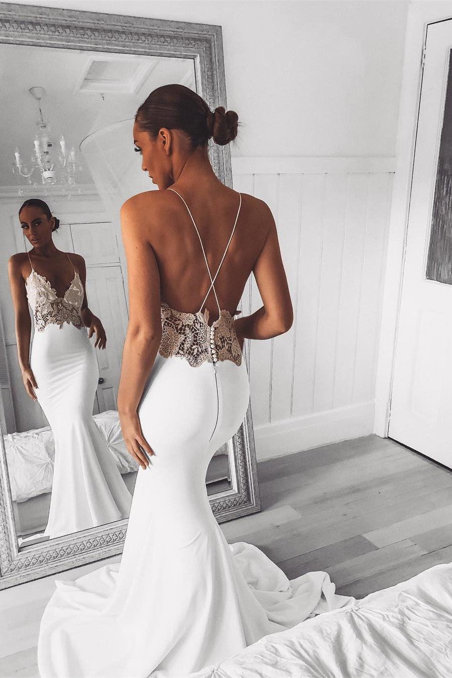 Sexy V-Neck Lace Mermaid Wedding Dress Spaghetti Strap Open Back Bridal Gown On Sale | Suzhoufashion Sexy V-Neck Lace Mermaid Wedding Dress Spaghetti Strap Open Back Bridal Gown On Sale | Suzhoufashion
