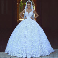 Sexy V-neck Straps Lace Wedding Dresses | Sleeveless Ball Gown Bridal Gowns with Appliques