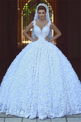 Sexy V-neck Straps Lace Wedding Dresses | Sleeveless Ball Gown Bridal Gowns with Appliques
