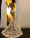 Sexy White Lace Long Sleeve Prom Dress Mermaid With SPlit