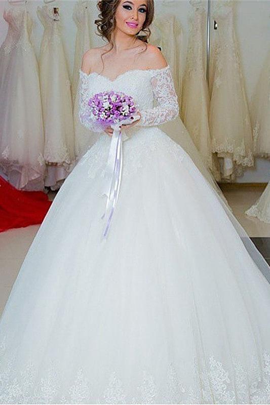 Sexy White Lace Long Sleeve Wedding Dress Ball Gown Bridal Dress