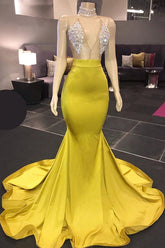 Sexy Yellow Halter Backless Prom Dress Long Mermaid With Crystals