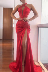 Sheath Applique Halter Slit Sexy Red Prom Dresses