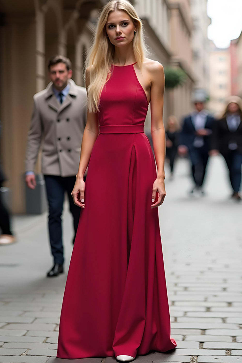 Sheath Backless Halter Burgundy Wedding Guest Dress Long Formal Dress