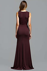 Sheath Cabernet Sleeveless Deep V-Neck Long Formal Dress