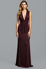 Sheath Cabernet Sleeveless Deep V-Neck Long Formal Dress