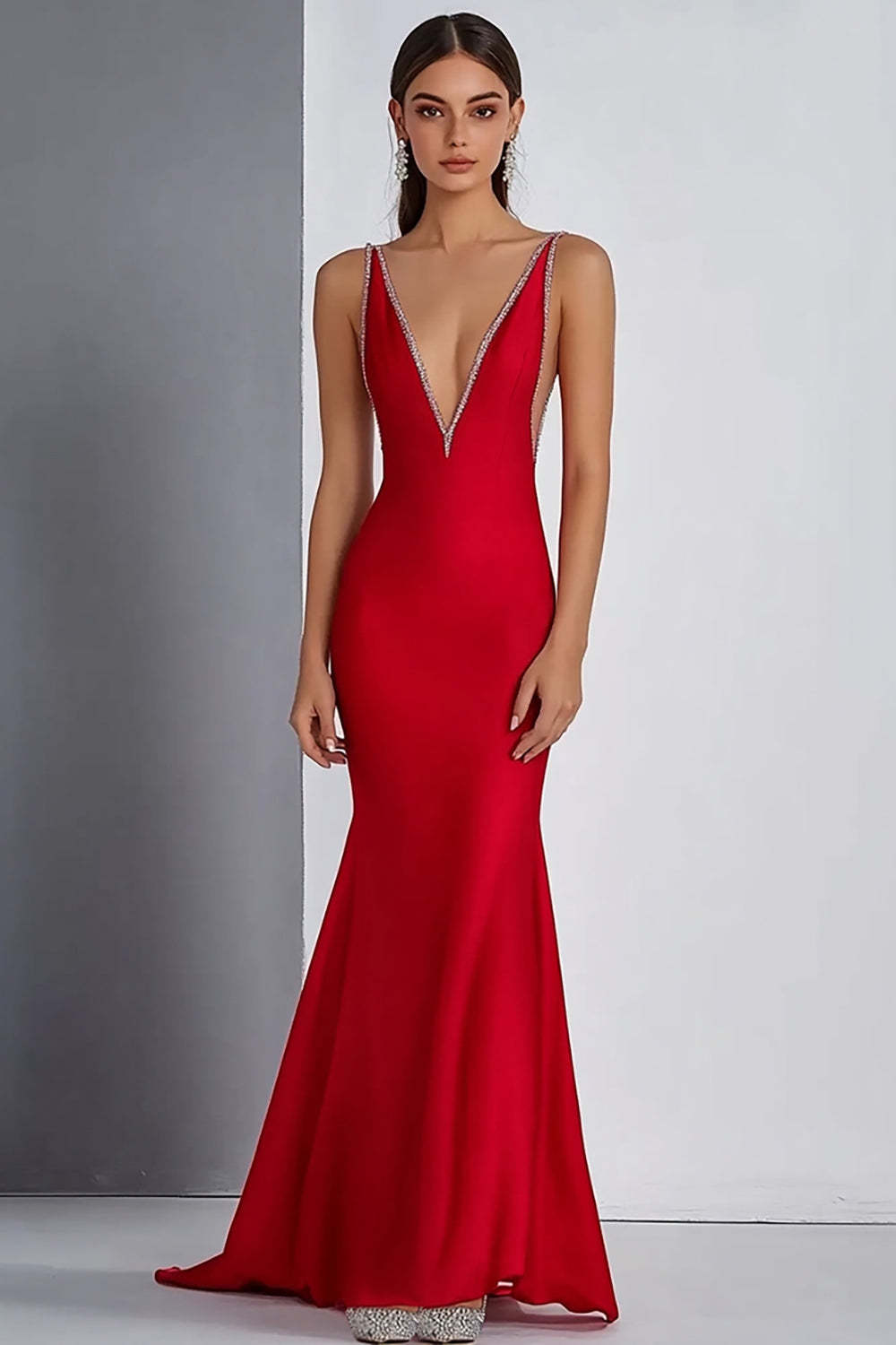 ZAPAKA Women Sparkly Red Long Formal Dress Deep V Neck Gala Dress with Beading, Red / US2 ZAPAKA Women Sparkly Red Long Formal Dress Deep V Neck Gala Dress with Beading, Red / US2