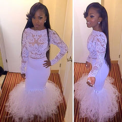 Sheath Lace Long Sleeves Evening Gown Mermaid Tulle Sexy Prom Dress BA2123