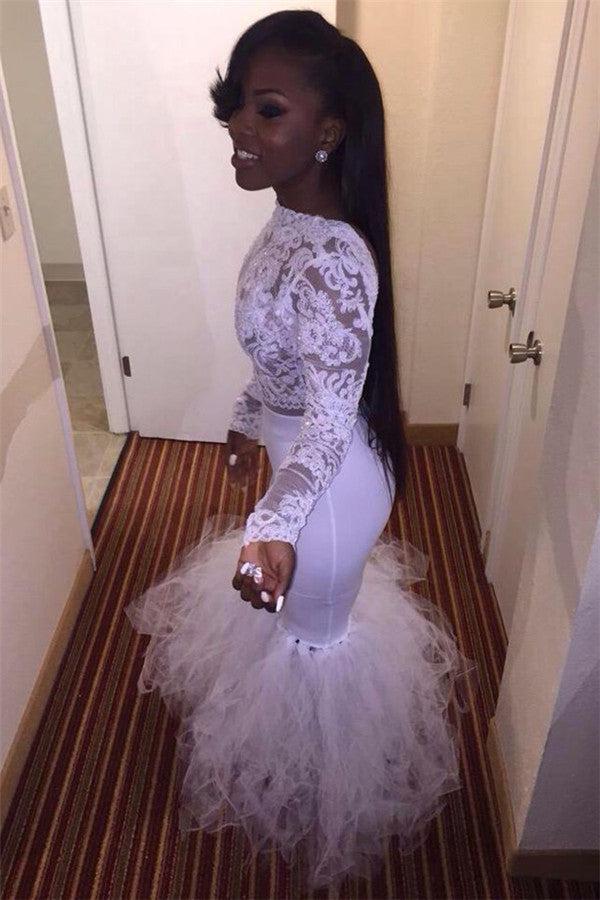 Sheath Lace Long Sleeves Evening Gown Mermaid Tulle Sexy Prom Dress BA2123