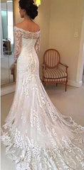 Sheath Long-Sleeve Lace Off-the-shoulder Court-Train V-neck Beach Wedding Dresses