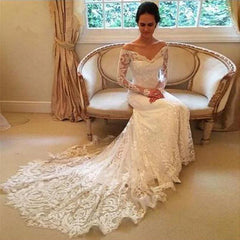 Sheath Long-Sleeve Lace Off-the-shoulder Court-Train V-neck Beach Wedding Dresses