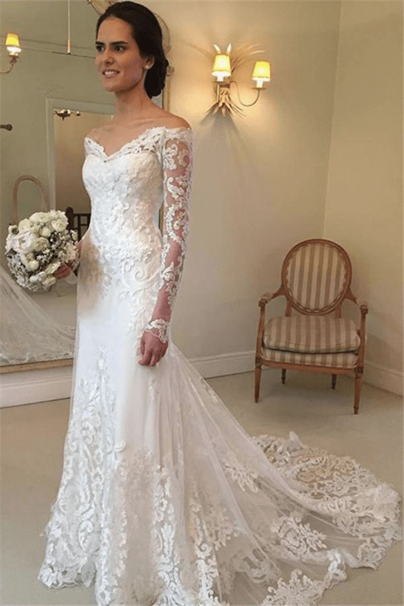Sheath Long-Sleeve Lace Off-the-shoulder Court-Train V-neck Beach Wedding Dresses