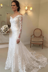 Sheath Long-Sleeve Lace Off-the-shoulder Court-Train V-neck Beach Wedding Dresses