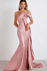 Sheath Pink Wedding Guest Dress Cold Shoulder Long Formal Dress