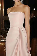 Sheath Pink Wedding Guest Dress Strapless Satin Ruffled Gala Dress