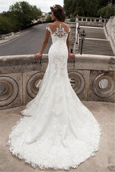 Sheath Sheer Top Wedding Dresses Lace Court Train Bridal Gowns with Buttons EDE008